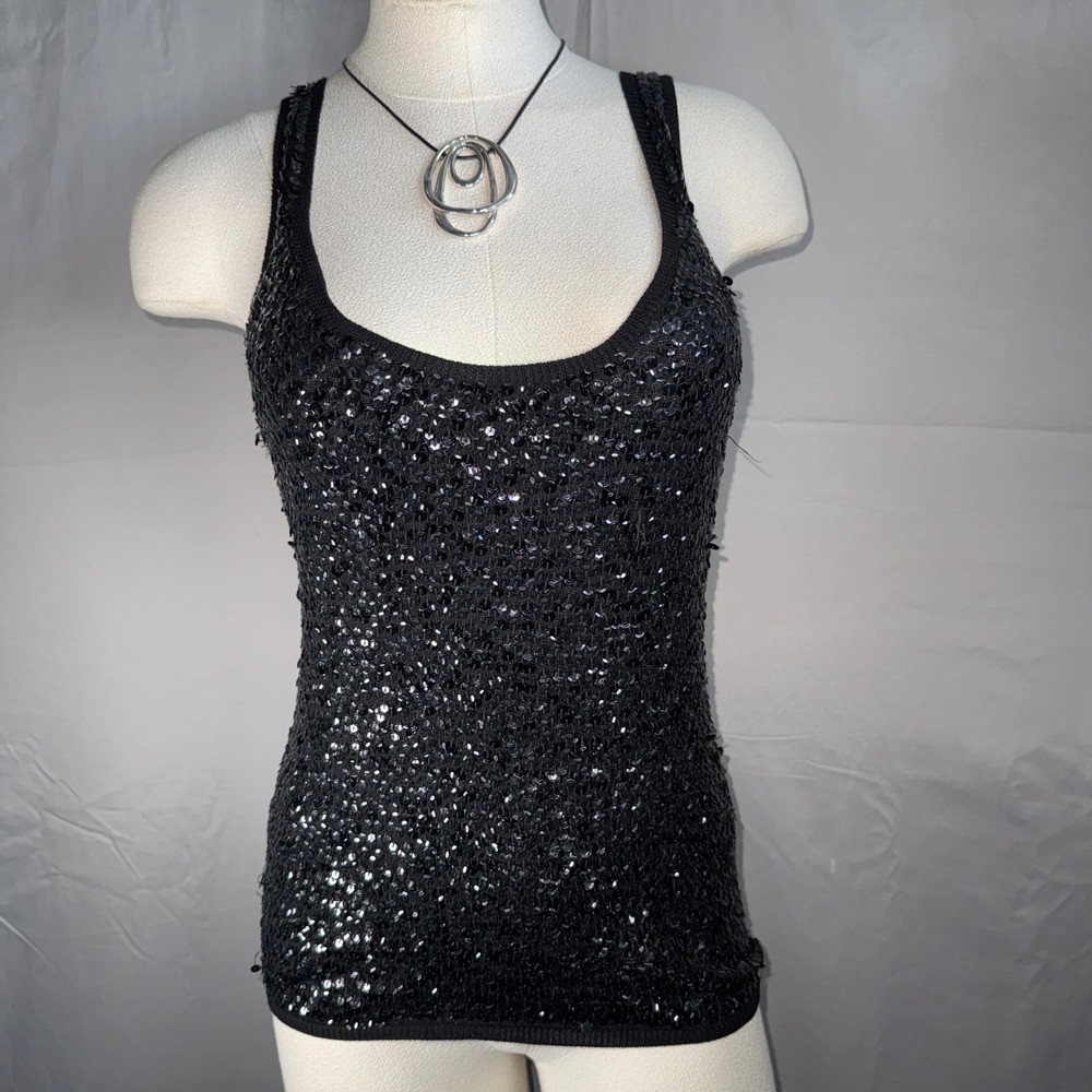 Y2K Bebe Black Sequin Tank Top Women M Silk Cotton Sleeveless whimsigoth Grunge